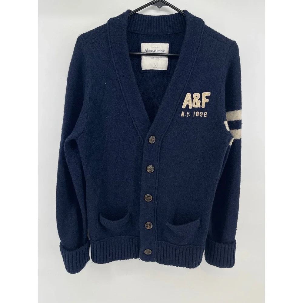 Abercrombie & Fitch Mens Navy Blue Wool Blend Varsity Cardigan Sweater Large